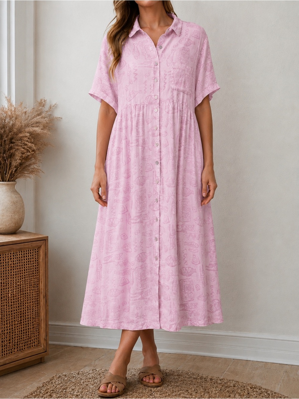 Vintage Match USA Pink Linen Batik Fish Print Button Front Midi Dress Size 20